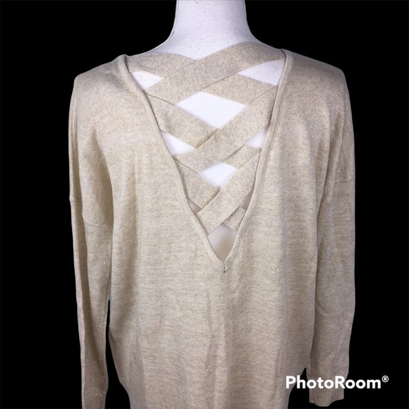 Gold Glitter Crossback Oversized Sweater Small Sparkle Shiny Party Holiday - Picture 1 of 8